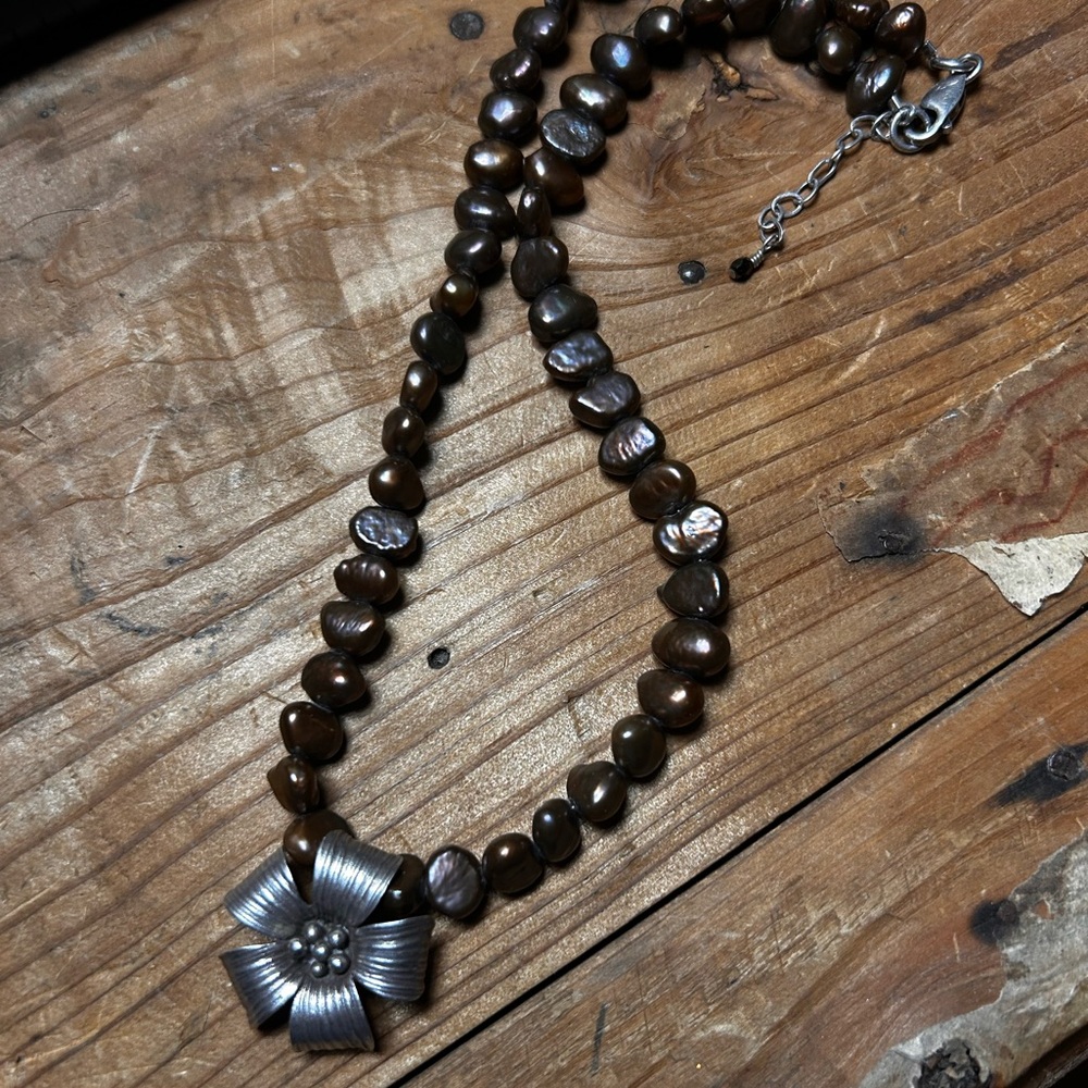 Artisan Chocolate Bronze Pearl Silver Dogwood Pendant Necklace Choker